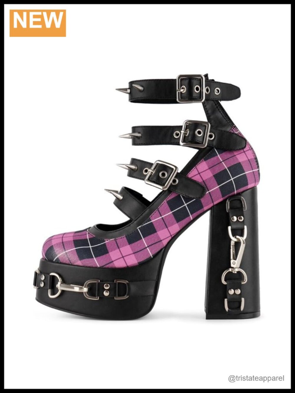 Platform High Heels Plaid Gothic Chunky Block Heel Mary Jane Pumps Spike Studs